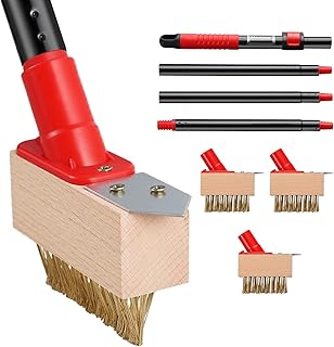 Brosse à Mauvaises Herbes avec Manche Télescopique(135cm), Outil de Désherbage avec Brosse Métallique et Grattoir à Lame, Enlever la Mousse des Paver Les Blocs, Allées (3 Têtes de Brosse)