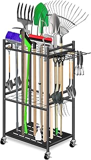 Mimoke Étagère à outils de jardin avec crochets mobiles et roulettes verrouillables – Rangement facile des accessoires d